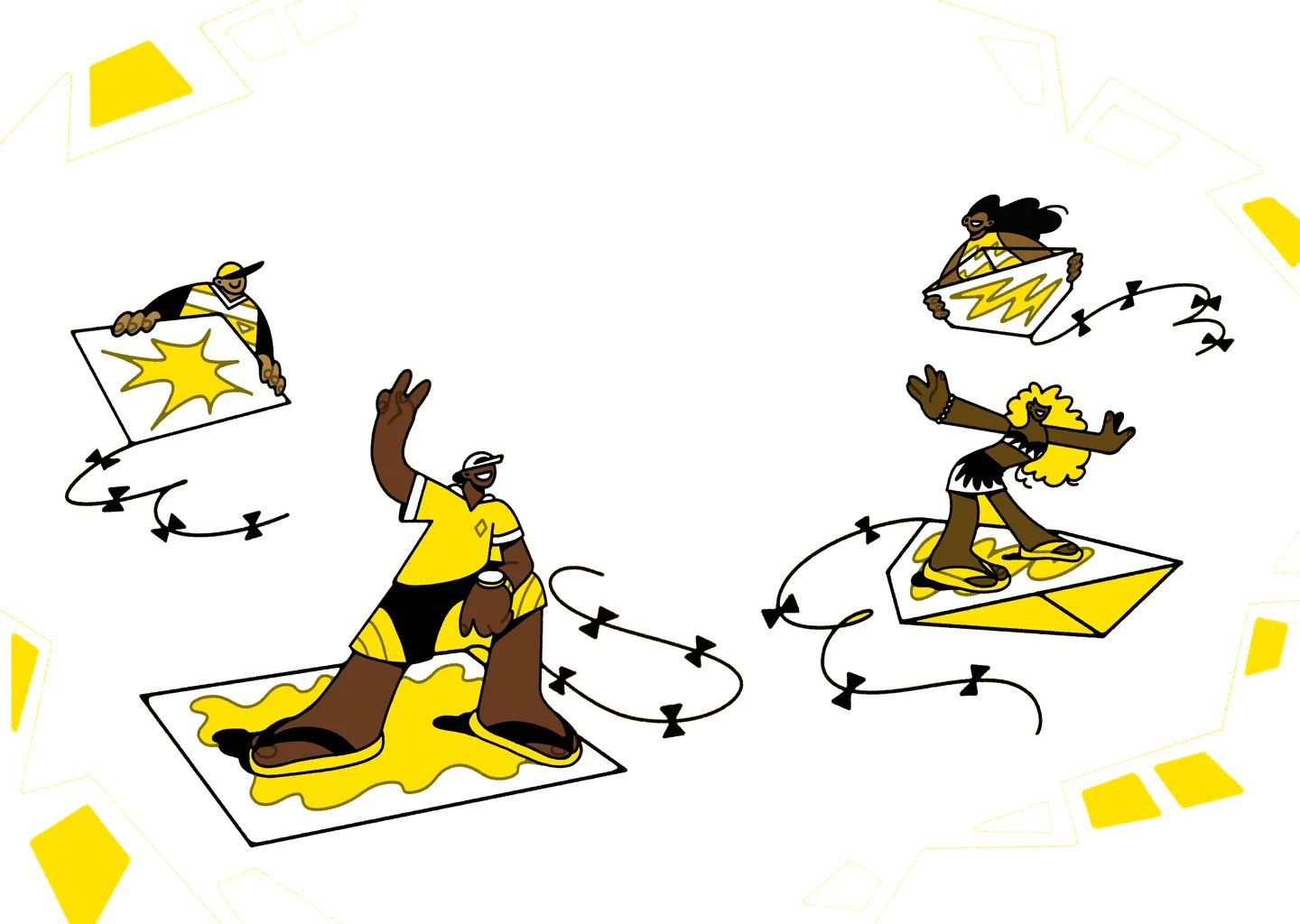 Two young people surfing on flying paper letters across a yellow sky, each heading somewhere of their own.